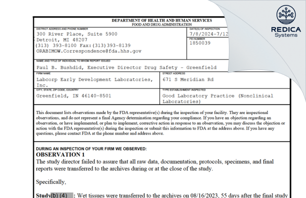 FDA 483 - Labcorp Drug Development Inc. [Greenfield / United States of America] - Download PDF - Redica Systems