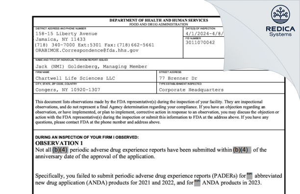 FDA 483 - Chartwell Life Sciences LLC [Congers / United States of America] - Download PDF - Redica Systems