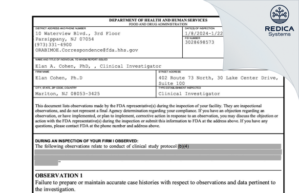 FDA 483 - Elan A. Cohen, Ph.D. [Marlton / United States of America] - Download PDF - Redica Systems