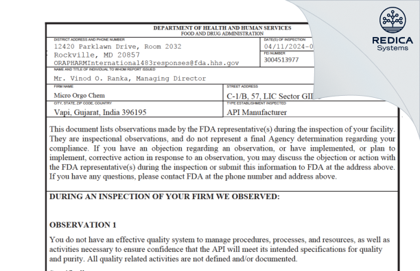 FDA 483 - MICRO ORGO CHEM [Vapi / India] - Download PDF - Redica Systems