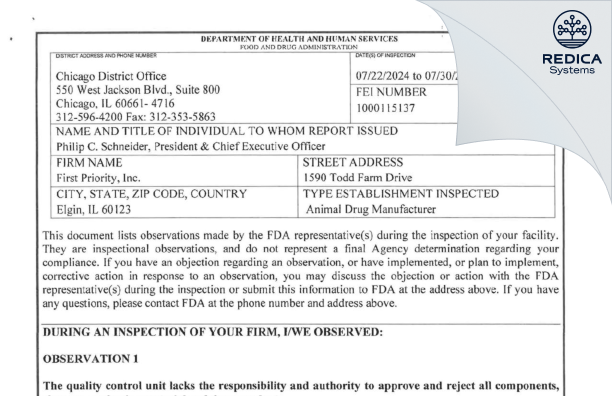 FDA 483 - FIRST PRIORITY INCORPORATED [Elgin / United States of America] - Download PDF - Redica Systems