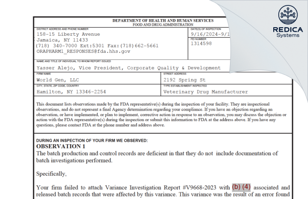 FDA 483 - World Gen LLC [Hamilton / United States of America] - Download PDF - Redica Systems