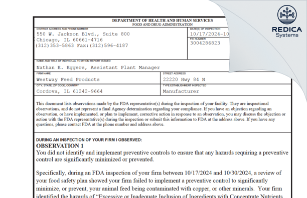 FDA 483 - Westway Feed Products LLC [Cordova / United States of America] - Download PDF - Redica Systems