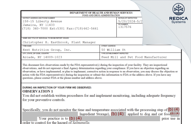 FDA 483 - Kent Nutrition Group, Inc. [Arcade / United States of America] - Download PDF - Redica Systems