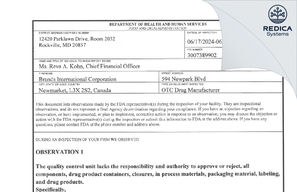 FDA 483 - Brands International Corporation [Newmarket / Canada] - Download PDF - Redica Systems