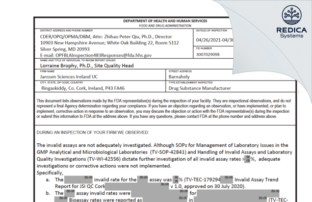 FDA 483 - Janssen Sciences Ireland UC [Ringaskiddy / Ireland] - Download PDF - Redica Systems