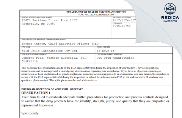 FDA 483 - WILD CHILD LABORATORIES PTY LTD [Perth / Australia] - Download PDF - Redica Systems