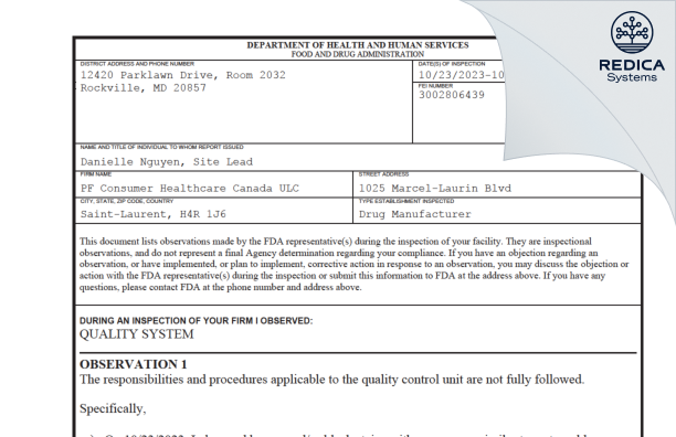 FDA 483 - Pf Soins De Sante Sri [Saint-Laurent / Canada] - Download PDF - Redica Systems