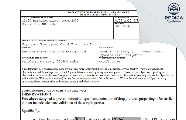 FDA 483 - APICORE PHARMACEUTICALS PRIVATE LIMITED [Padra / India] - Download PDF - Redica Systems