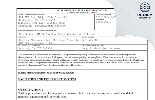 FDA 483 - Gregory Pharmaceutical Holdings, Inc., dba UPM Pharmaceuticals [Bristol / United States of America] - Download PDF - Redica Systems