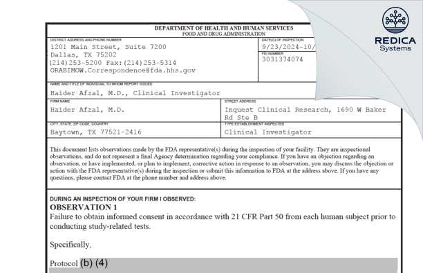 FDA 483 - Haider Afzal, M.D. [Baytown / United States of America] - Download PDF - Redica Systems