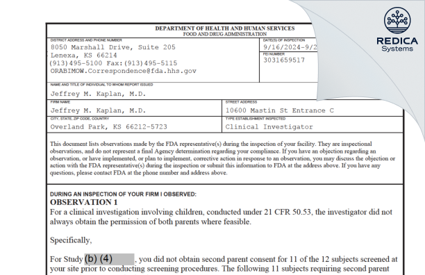 FDA 483 - Jeffrey M. Kaplan, M.D. [Overland Park / United States of America] - Download PDF - Redica Systems