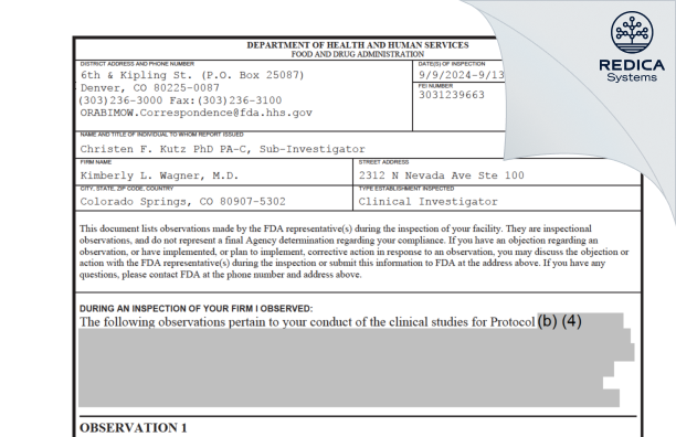 FDA 483 - Kimberly L. Wagner, M.D. [Colorado Springs / United States of America] - Download PDF - Redica Systems