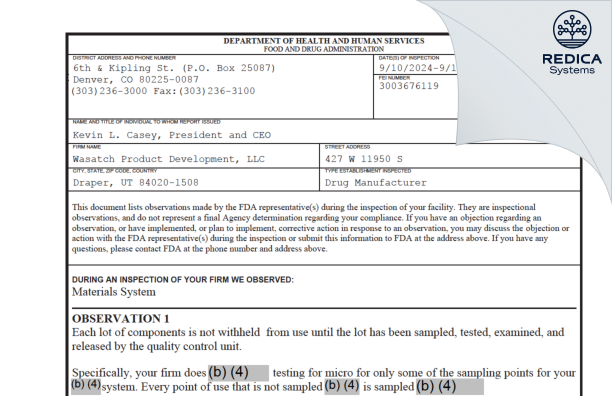 FDA 483 - Wasatch Product Development, LLC. [Draper / United States of America] - Download PDF - Redica Systems