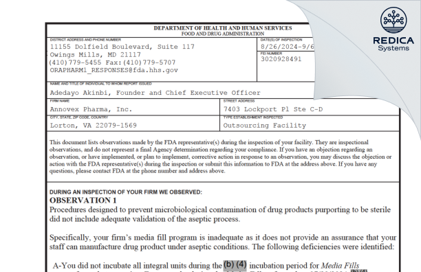 FDA 483 - Annovex Pharma, Inc. [Lorton / United States of America] - Download PDF - Redica Systems