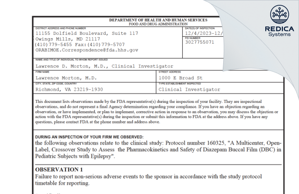 FDA 483 - Lawrence Morton, M.D. [Richmond / United States of America] - Download PDF - Redica Systems