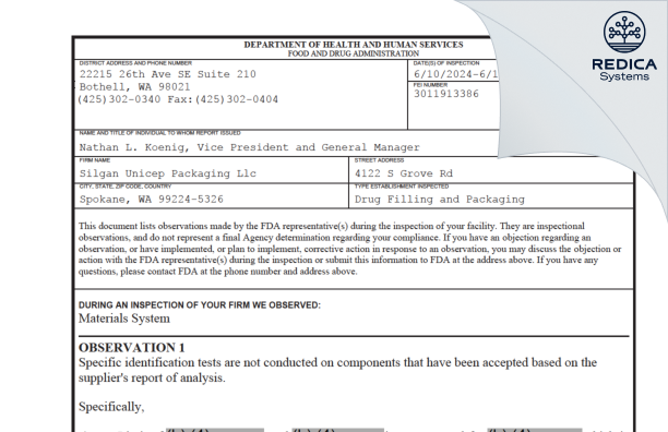 FDA 483 - Silgan Unicep Packaging, LLC. [Spokane / United States of America] - Download PDF - Redica Systems