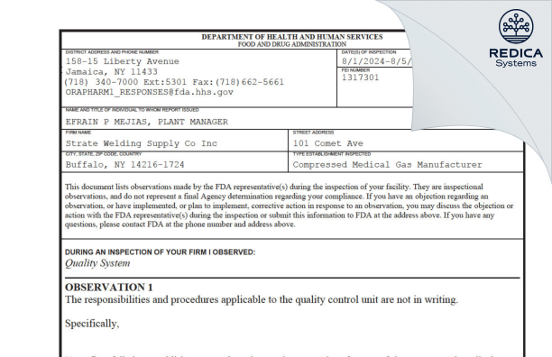 FDA 483 - Strate Welding Supply [Buffalo / United States of America] - Download PDF - Redica Systems