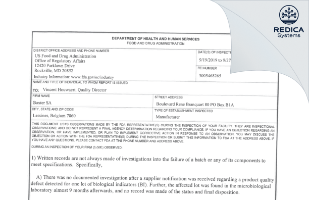 FDA 483 - Baxter SA [Lessines / Belgium] - Download PDF - Redica Systems