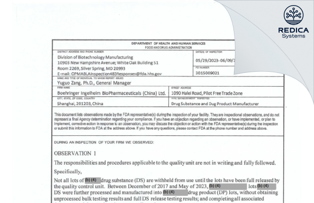 FDA 483 - Boehringer Ingelheim Biopharmaceuticals (China) Ltd. [Shanghai / China] - Download PDF - Redica Systems