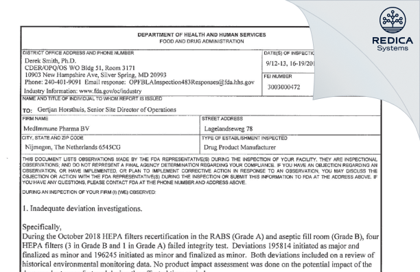 FDA 483 - AstraZeneca Nijmegen B.V. [Nijmegen / Netherlands] - Download PDF - Redica Systems