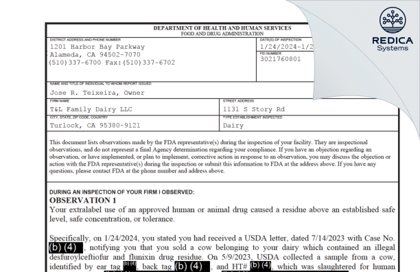 FDA 483 - T&L Family Dairy LLC [Turlock / United States of America] - Download PDF - Redica Systems