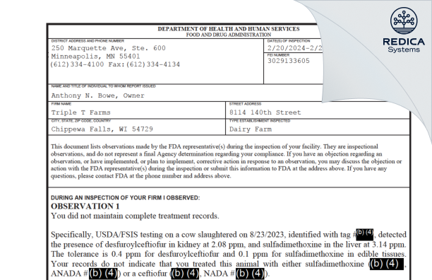 FDA 483 - Triple T Farms [Chippewa Falls / United States of America] - Download PDF - Redica Systems