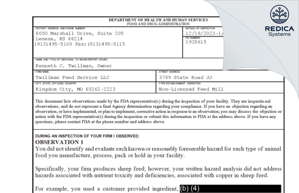 FDA 483 - Twillman Feed Service LLC [Kingdom City / United States of America] - Download PDF - Redica Systems