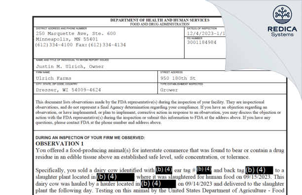 FDA 483 - Ulrich Farms [Dresser / United States of America] - Download PDF - Redica Systems