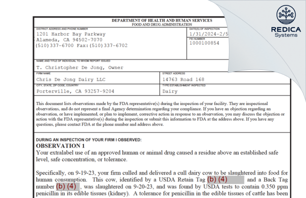 FDA 483 - Chris De Jong Dairy LLC [Porterville / United States of America] - Download PDF - Redica Systems