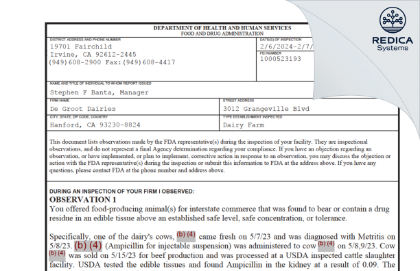 FDA 483 - De Groot Dairies [Hanford / United States of America] - Download PDF - Redica Systems