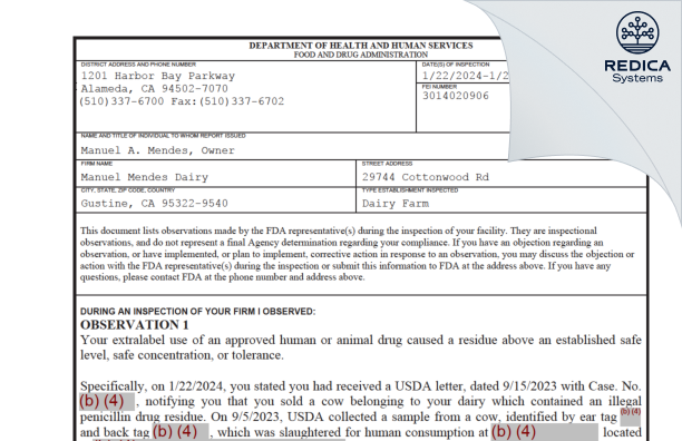 FDA 483 - Manuel Mendes Dairy [Gustine / United States of America] - Download PDF - Redica Systems