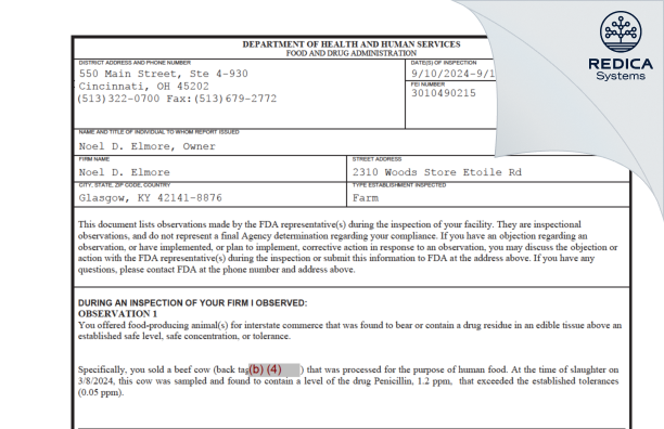 FDA 483 - Noel D. Elmore [Glasgow / United States of America] - Download PDF - Redica Systems