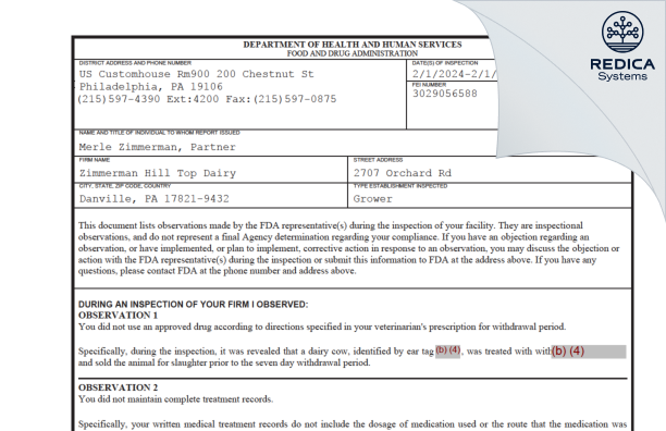 FDA 483 - Zimmerman Hill Top Dairy [Danville / United States of America] - Download PDF - Redica Systems