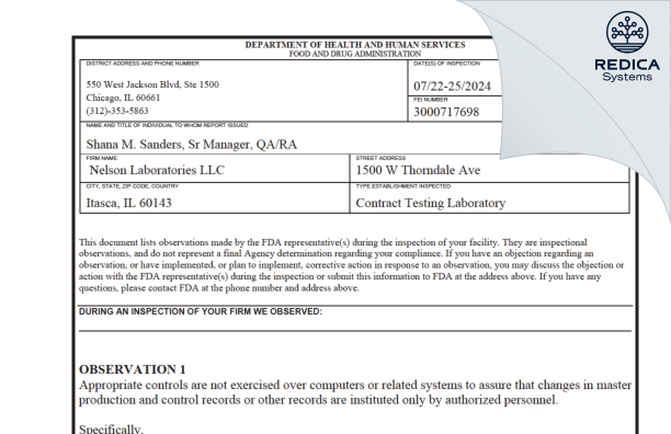 FDA 483 - Nelson Laboratories, LLC [Itasca / United States of America] - Download PDF - Redica Systems