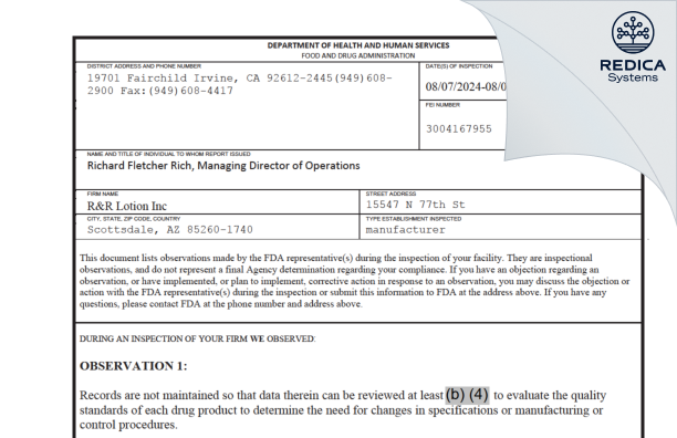 FDA 483 - R&R Lotion Inc. [Scottsdale / United States of America] - Download PDF - Redica Systems