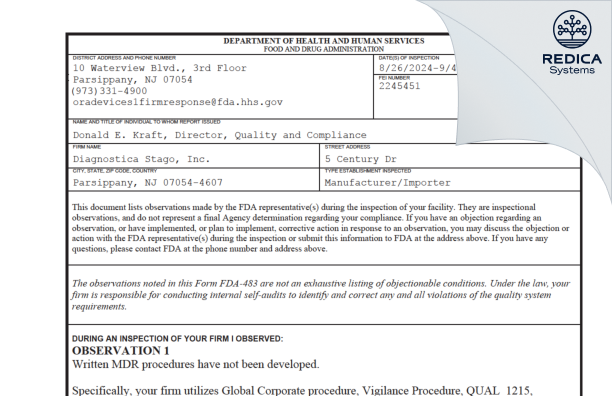 FDA 483 - Diagnostica Stago, Inc. [Parsippany / United States of America] - Download PDF - Redica Systems