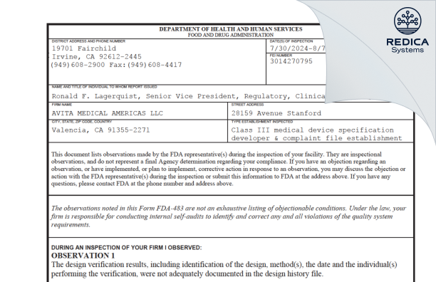 FDA 483 - AVITA MEDICAL AMERICAS LLC [Valencia / United States of America] - Download PDF - Redica Systems