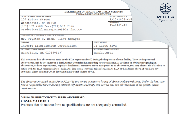 FDA 483 - Integra LifeSciences Production Corporation [Mansfield / United States of America] - Download PDF - Redica Systems