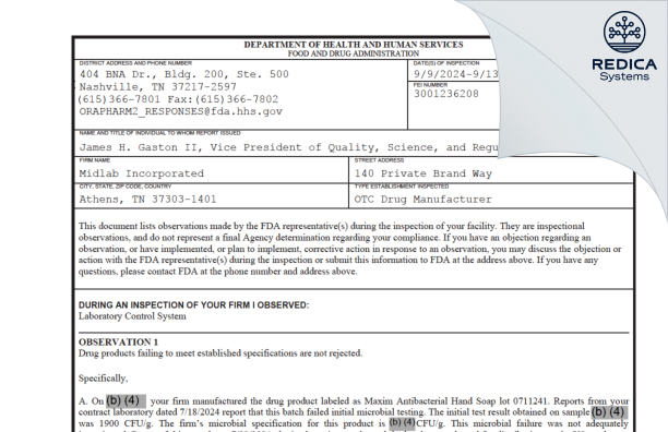 FDA 483 - Midlab Incorporated [Athens / United States of America] - Download PDF - Redica Systems