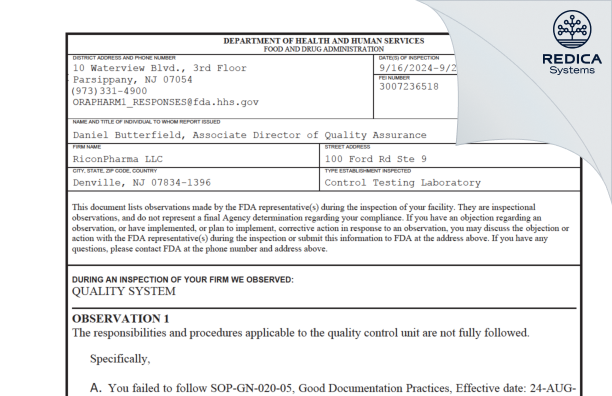 FDA 483 - RiconPharma LLC [Denville / United States of America] - Download PDF - Redica Systems