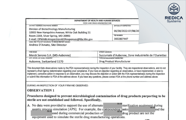 FDA 483 - MERCK SERONO SA [Aubonne / Switzerland] - Download PDF - Redica Systems