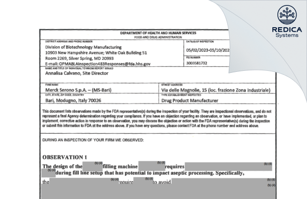 FDA 483 - MERCK SERONO SPA [Modugno / Italy] - Download PDF - Redica Systems