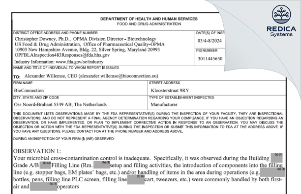 FDA 483 - BioConnection B.V. [Oss / Netherlands] - Download PDF - Redica Systems