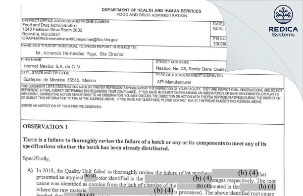 FDA 483 - Intervet Mexico S.A. de C.V. [Santa Clara Coatitla / Mexico] - Download PDF - Redica Systems