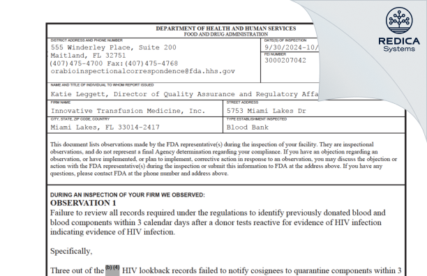 FDA 483 - Innovative Transfusion Medicine, Inc. [Miami Lakes / United States of America] - Download PDF - Redica Systems