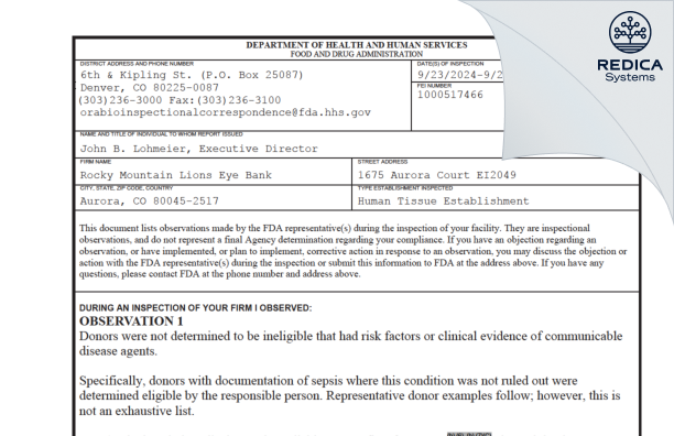 FDA 483 - Rocky Mountain Lions Eye Bank [Aurora / United States of America] - Download PDF - Redica Systems