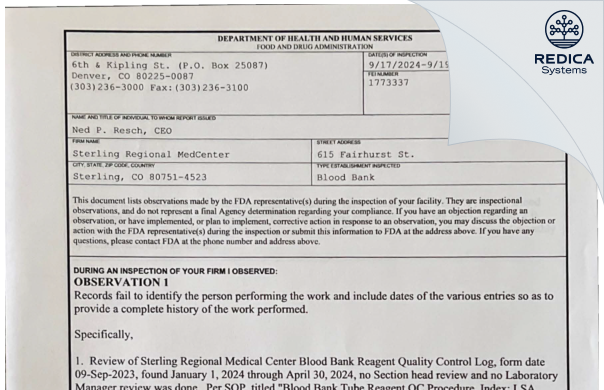 FDA 483 - Sterling Regional MedCenter Blood Bank [Sterling / United States of America] - Download PDF - Redica Systems