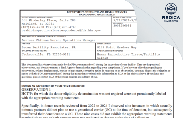 FDA 483 - Brown Fertility, LLC [Jacksonville / United States of America] - Download PDF - Redica Systems