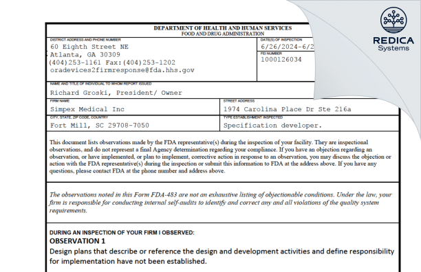 FDA 483 - Simpex Medical Inc [Fort Mill / United States of America] - Download PDF - Redica Systems